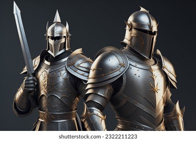 Knight in shining armor.Fantasy swordman. Middle age soldier with plated armor. Fantasy illustration