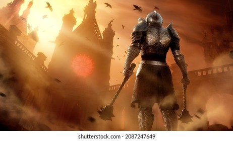 A knight in shiny plate armor stands proudly with two heavy maces in his hands, in front of the temple in the rays of the setting sun, flocks of ravens fly around him, red light shines . 3d rendering