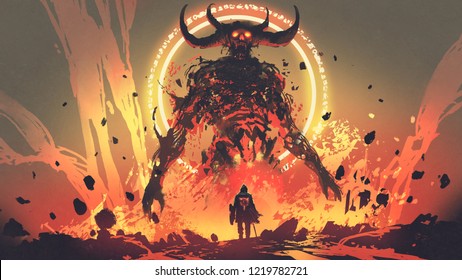knight with a sword facing the lava demon in hell, digital art style, illustration painting