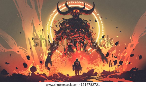 knight with a sword facing the lava\
demon in hell, digital art style, illustration\
painting