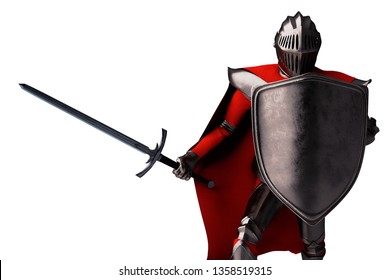 Knight With Sword And Metal Shield On White Background 3D Illustration