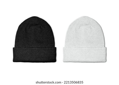  Knit Hat Isolated On White. Ski Snowboard Or Snowboarding Hat Beanie. Winter Sports Bobble Hat Topped. Knit Cap Folded Brim. Knitted Warm Hat. Tuque Or Toque Outdoors Headgear.3d Rendering.Mockup