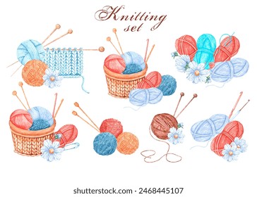 Knit watercolor set illustrations, compositions. Handicraft, hobby, craft, vintage. Knitting threads, knitting needles, crochet, pins, basket. Illustrations isolated. For printing on logo, sticker - Powered by Shutterstock