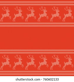 Knitted composition background with reindeers. Visit card, poster, banner template. It can be used as a texture in interior design, greeting cards, fabric printing, packaging design. Folk pattern.