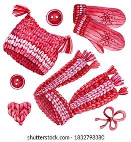 Knitted set accessories, scarf, hat, mittens, yarn. Knitting and crocheting. Hand drawn watercolor illustration for design of wallpaper, packaging, wrapper, cover fabric