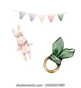 Knitted toys, Bunting garland, bunny toy, and wooden teething ring with crochet green ears. Watercolor set illustration. Perfect for newborn, nursery, baby-themed designs. natural colors - Powered by Shutterstock