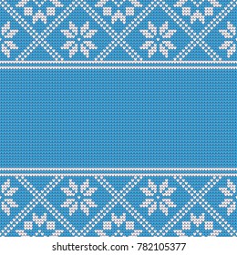 Knitting effect background in blue and white colors. Horizontal frame for your text or photo. Raster illustration