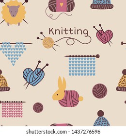 Knitting needles pattern seamless wool knitwear background or knitted woolen socks logo crocheting woolly materials backdrop and handknitting illustration wallpaper