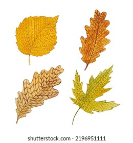 Knitting Watercolor Autumn Leaves Clipart. Cozy Warm Elements For Autumn Mood