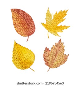 Knitting Watercolor Autumn Leaves Clipart. Cozy Warm Elements For Autumn Mood