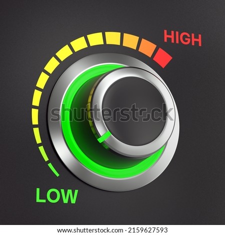Knob tuning control button in low position. Tax and price value or reduction, cost optimization and reduced consumption concept. 3D illustration