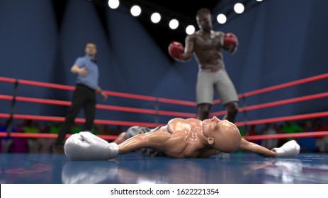 Knocked Out Boxer In Boxing Ring Laying On The Floor 3d Rendering