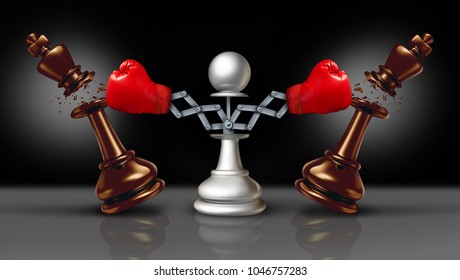 Knocking Out Competition Business Concept Or Knock And Punch Symbol As A Secret Weapon With A Chess Pawn Beating Competitors With A Hidden Red Boxing Glove As A 3D Illustration.