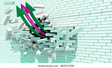 knowledge arrows through the wall, 3d rendering