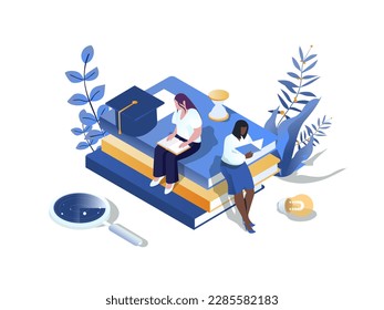 Knowledge concept 3d isometric web scene. People reading different books and textbooks for improving skills and preparing graduates exam at university. Illustration in isometry graphic design