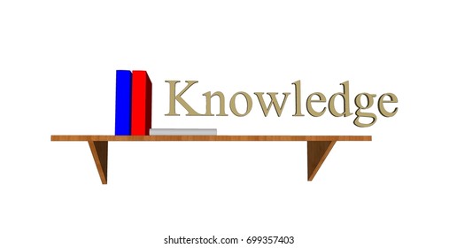 KNOWLEDGE conceptual words with 3D book rack model on white background 