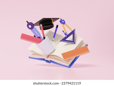Knowledge learning open book learning geometric compass triangle length ruler supplies for children create triangular picture mathematic math stationery, drawing, school, architec design. 3d rendering