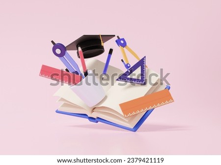Knowledge learning open book learning geometric compass triangle length ruler supplies for children create triangular picture mathematic math stationery, drawing, school, architec design. 3d rendering