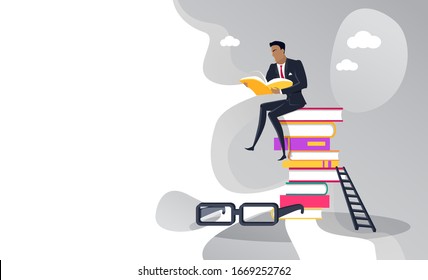 Knowledge online web page businessman with book raster. Pile of books and ladder, eyesight glasses, qualification improvement, professional education - Powered by Shutterstock