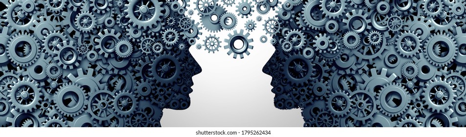 Knowledge Transfer Or Teamwork And Leadership As An Education Symbol As Two Human Heads Shaped With Gears And Cogs Working Together As A Team In Partnership As A 3D Illustration.