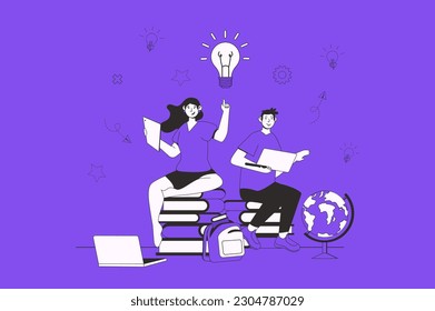 Knowledge web concept with character scene in flat design. People reading different books for improving skills and preparing to graduates exam. Illustration for social media marketing material.