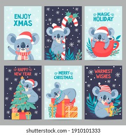 Koala Christmas. Happy Animals With Gift Boxes. Cute Merry Christmas Cards With Koalas. Little Australian Bear In Winter Holiday  Set. Illustration Cartoon Koala Postcard, Holiday Xmas Card