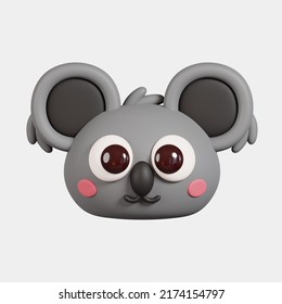 Koala Face Front View Isolated On White Background. Cute Cartoon Animal Head. 3D Render Illustration