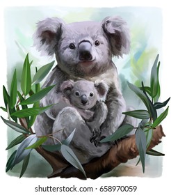 Koala And Her Baby Watercolor Painting