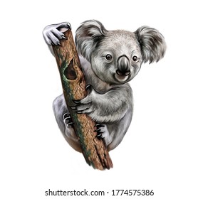 Koala (Phascolarctos Cinereus), Realistic Drawing, Illustration For Australia Animal Encyclopedia, Isolated Character On A White Background