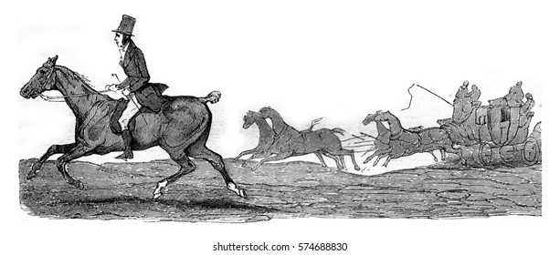 Kob, kleine Pferd Halbblut, die mit dem Tempo-Stamm Boston für dreiunddreißig Ligen kämpfen, vintage gravierte Illustration. Magasin Pittoresque 1845.
