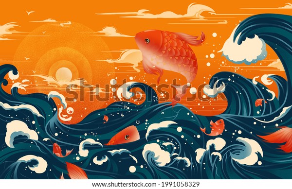 Koi fish, a symbol of luck in\
the east.The fish in the waves leaped. Eastern classical\
painting