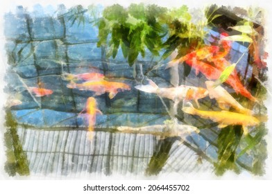 Koi Fish In Water Watercolor Style Illustration Impressionist Painting.