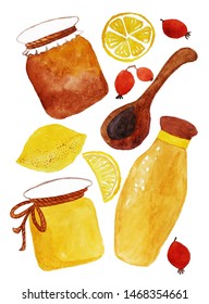 Kombucha Tea And Jar Of Jam With Lemon And Dog Rose. Superfood, Herbal Juice, Organic Drinks. Health Lifestyle, Vegan Diet. Farm Pattern Summer Collection. Harvest Day Watercolor Illustration