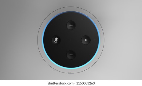 KONSTANZ, GERMANY - AUG 4: 3D Illustration of Amazon Echo (2nd Generation) - Smart speaker with Alexa | silver -dimensions