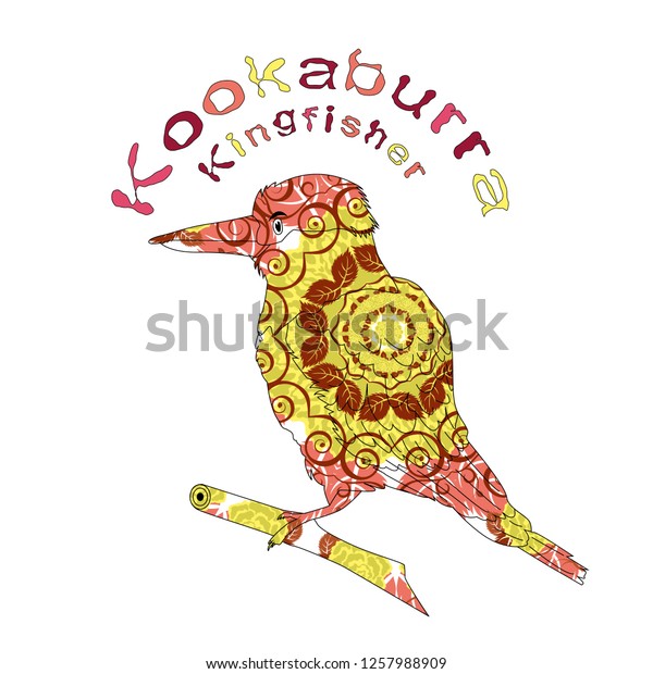 \
Kookaburra. Emblem. Flowers and curls decorations.  \
