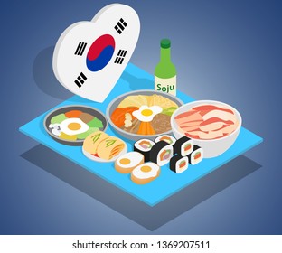 Korea Food Concept Banner. Isometric Banner Of Korea Food Concept For Web, Giftcard And Postcard