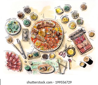 Korean Bbq Illustration Water Color