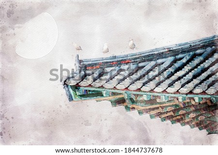 korean roof with birds and big moon in watercolors