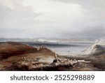 Kororareka in the Bay of Islands (1841) by Conrad Martens. Ocean sea landscape. Vintage sea landscape art drawing illustration, old painting landscape art print of ocean and sea.