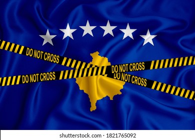 Kosovo Flag, The Don't Cross The Line Mark And The Location Tape. Crime Concept, Police Investigation, Quarantine. 3d Rendering