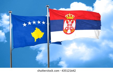 Kosovo Flag With Serbia Flag, 3D Rendering 