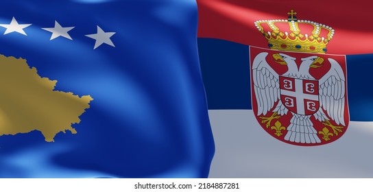 Kosovo And Serbia Flags, Kosovo Flag And Serbia Flag, 3D Work And 3D Image.