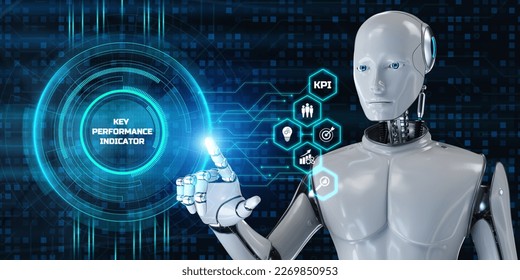 KPI Key Performance Indicator. Robot pressing button on screen 3d render.