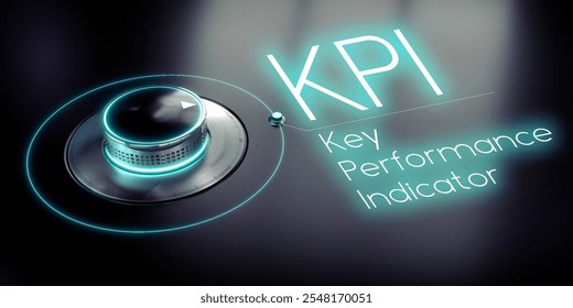 KPI, Key Performance Indicator - rotary knob and glowing word - 3D illustration