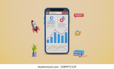 KPI metrics, key performance indicator, data management system, sales report, database and statistics. Business data analytics web UI on mobile screen. 3D illustration