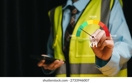 KPI performance concept. Manager pointing at key performance indicator gauge interface, business metrics analysis, productivity measurement, strategic improvement planning.