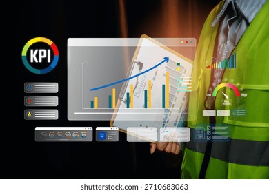 KPI performance dashboard. Worker reviewing business charts, progress indicators, risk gauge, and analytics panels for organizational performance.