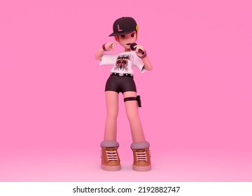 Kpop Rapper Girl With Microphone Hands. 3D Illustration