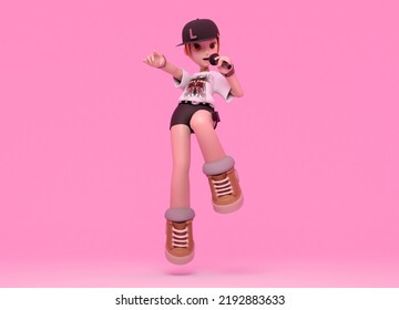 Kpop Rapper Girl With Microphone Hands. 3D Illustration	