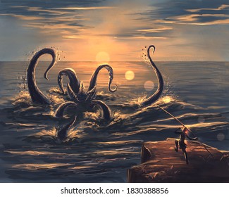 Kraken In The Sea At Sunset 